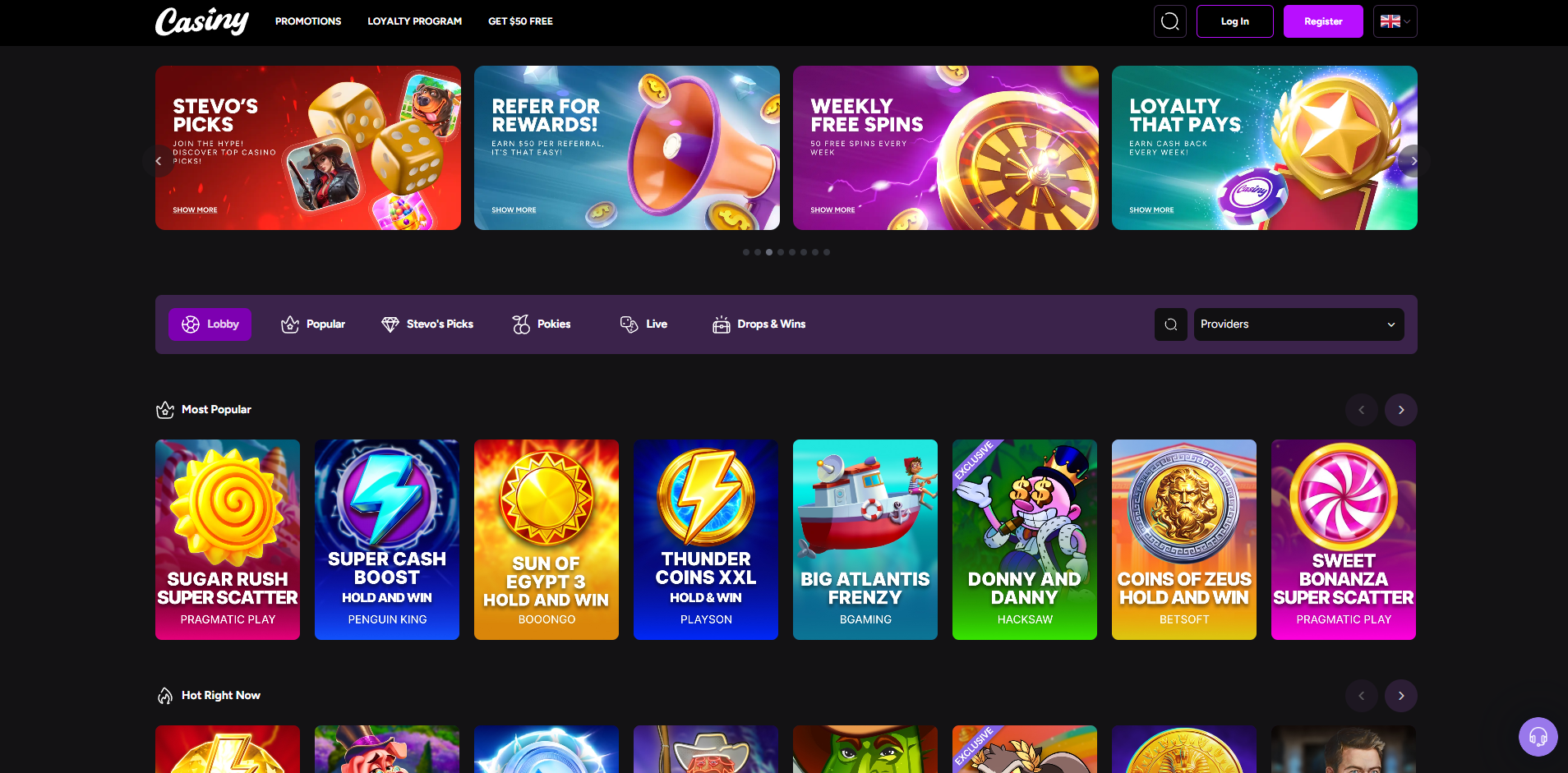 Casiny Casino homepage and gaming lobby interface