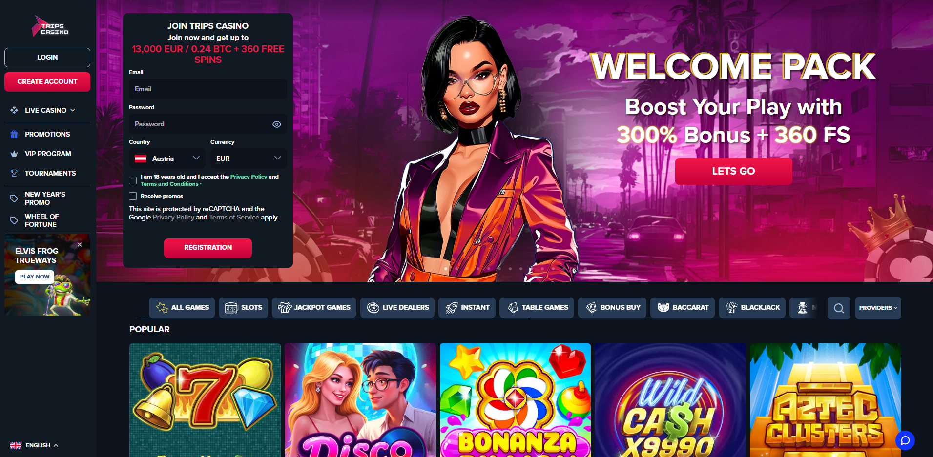 Trips Casino interface showing game selection